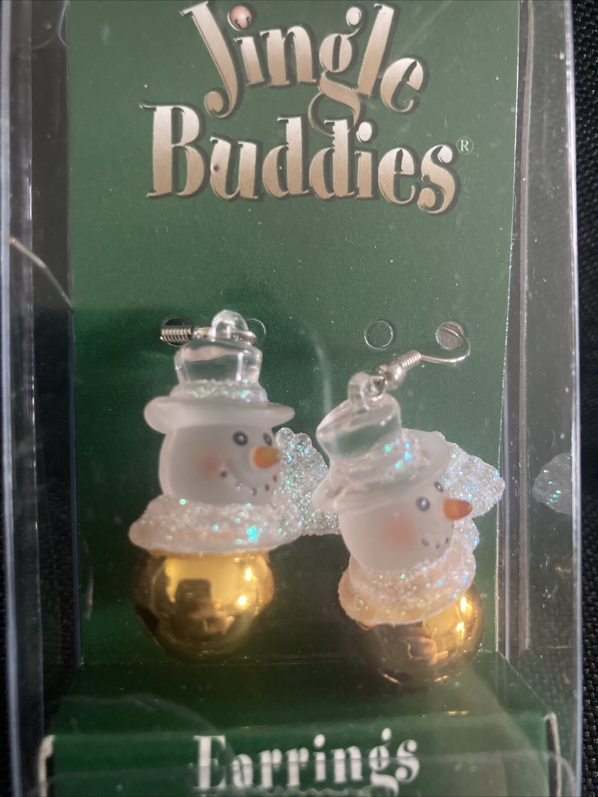 Roman Inc Jingle Buddies Snowman Earrings Dangle Gold Bell Frosted Glitter