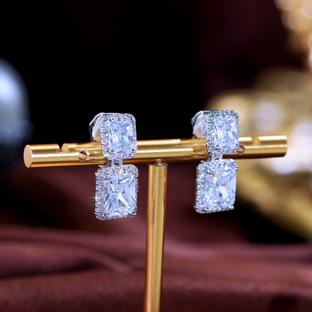 Dazzling Baguette Zircon Crystal Clip On Non Pierced Drop Earrings Silver Plated