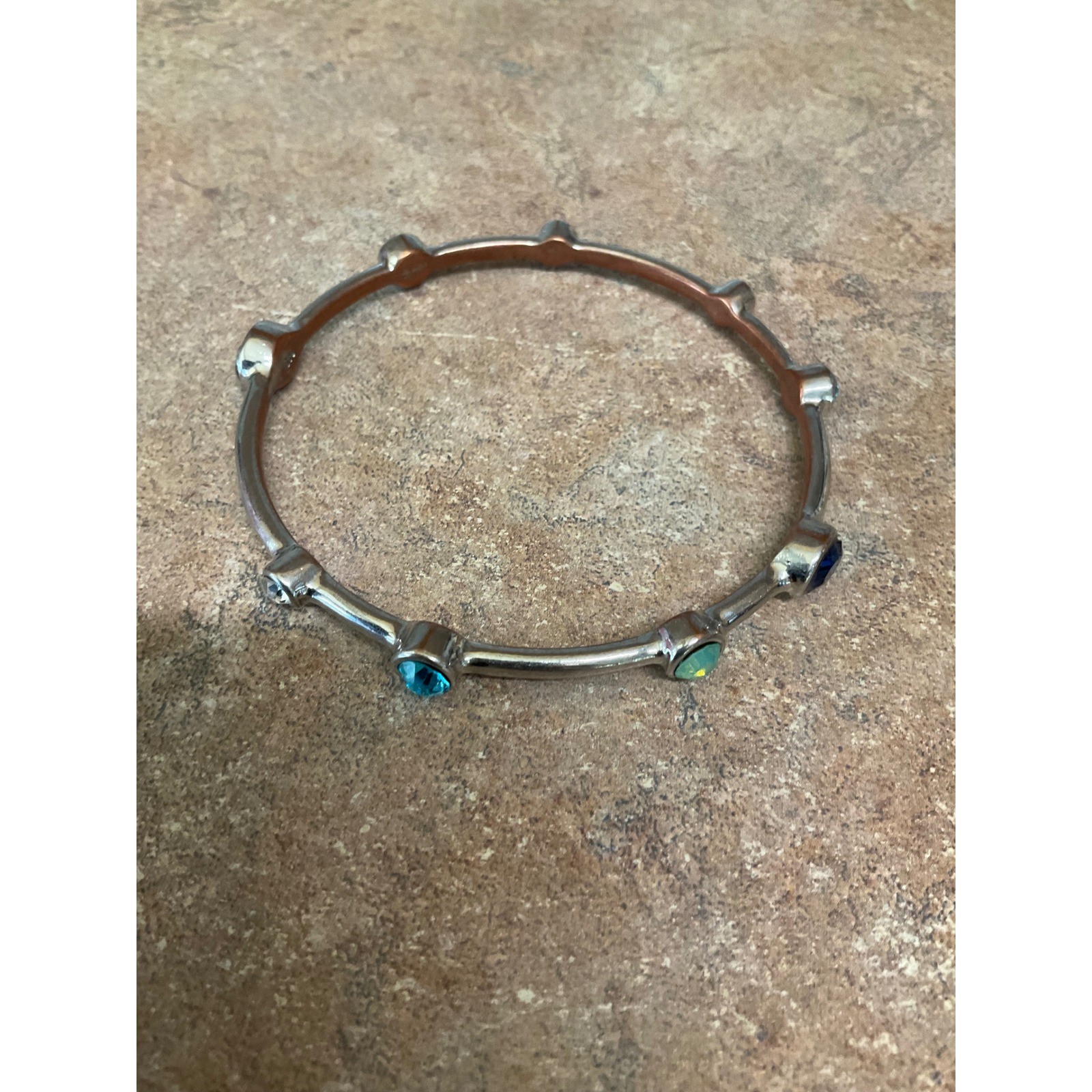 Silver Tone Bangle Bracelet Multi Color Crystal Bezel Station Slip On Jewelry