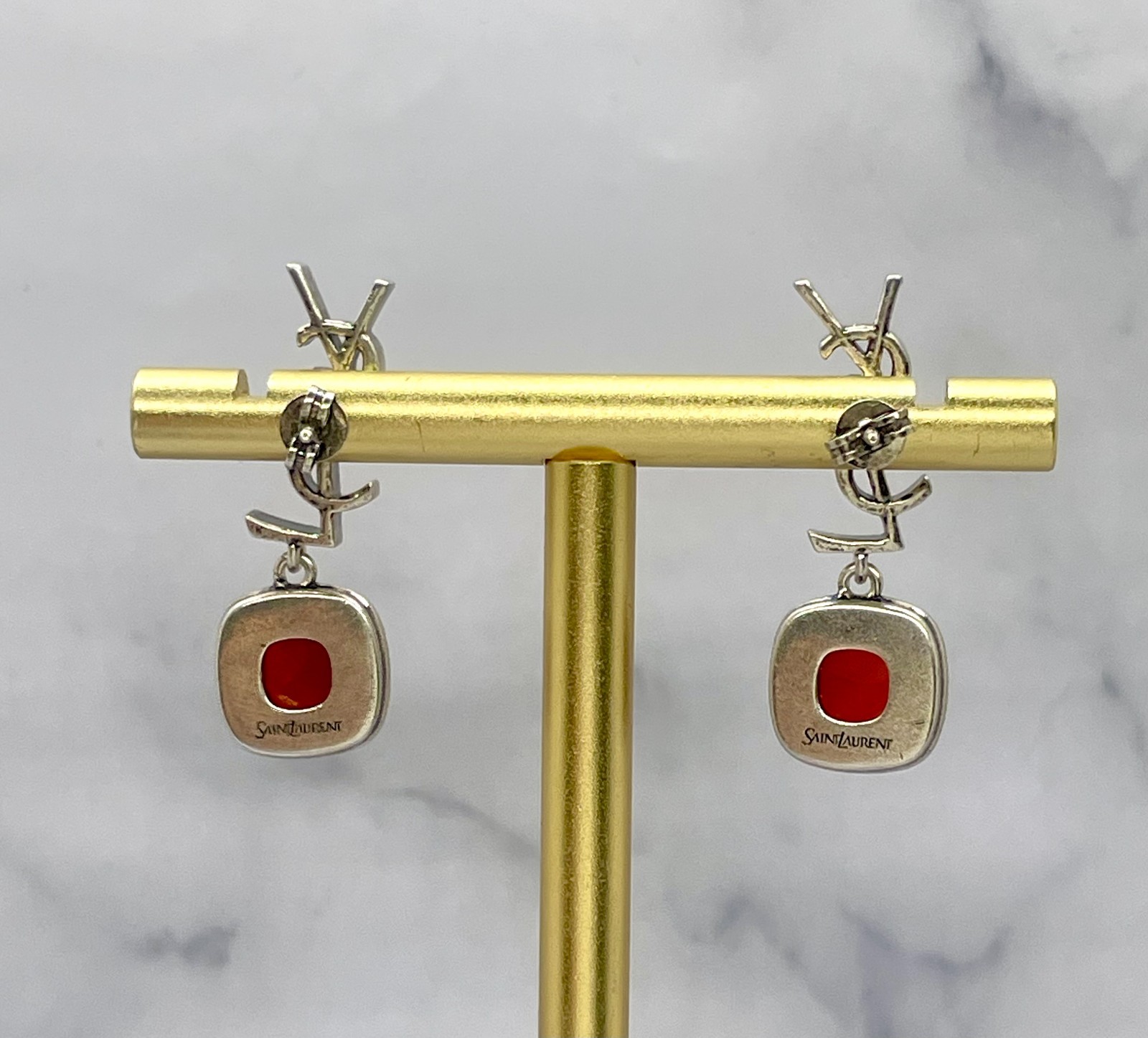 YSL YVES SAINT LAURENT Red Stone Pendant Monogram Earrings – Pre owned / MF6238