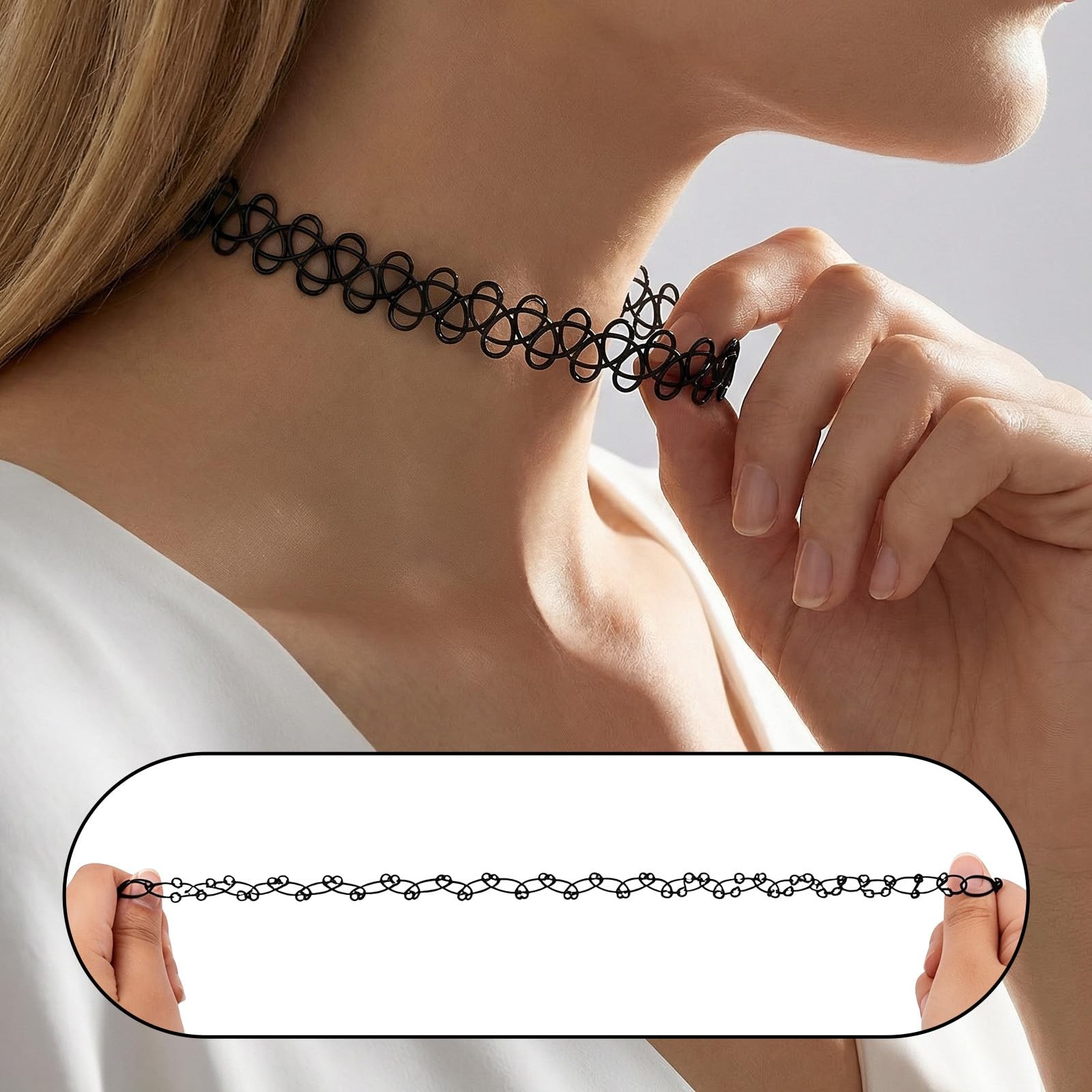 12PC 90s Tattoo Choker Necklace Set – Black Stretchy Elastic Vintage Trendy Y…
