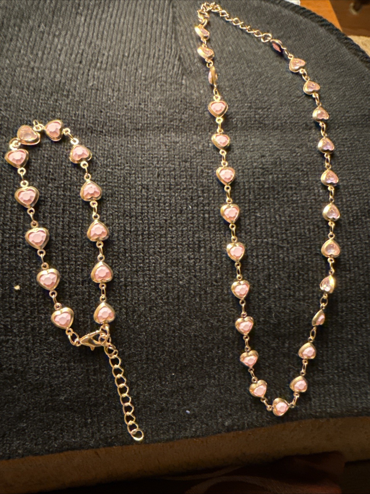 2 Piece Pink Colored Gold Heart Themed Copper Necklace And Bracelet Set