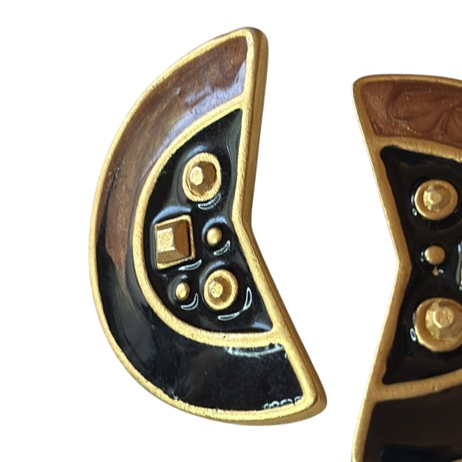 Retro Abstract Enamel Earrings Black Gold Tone Art Deco Style