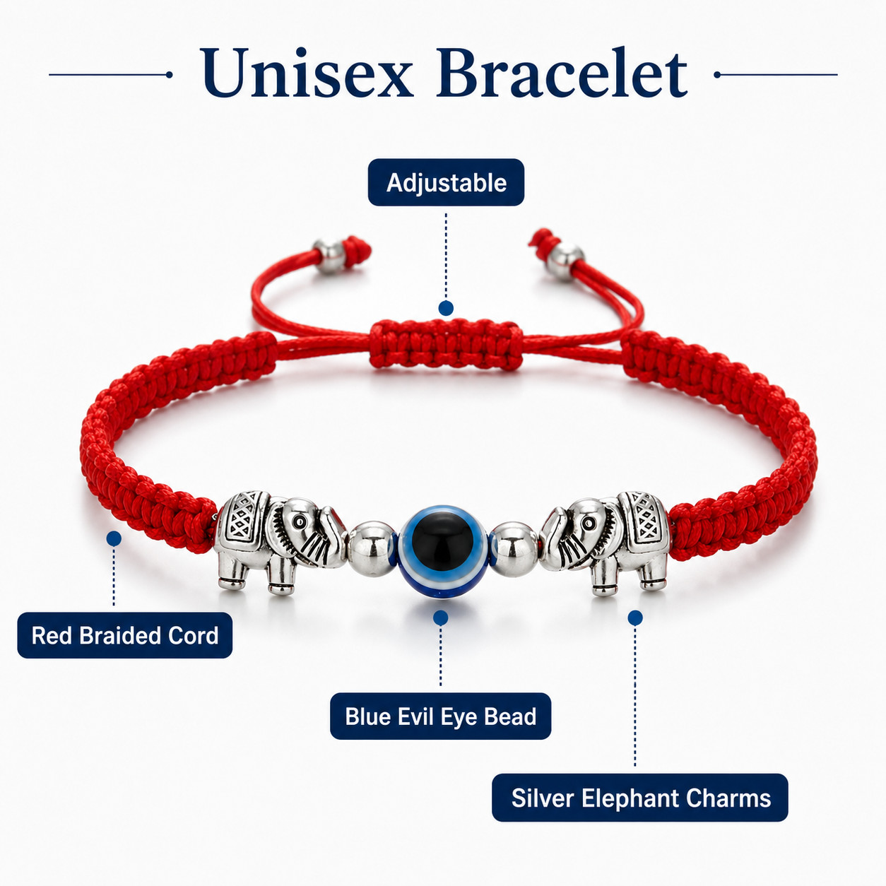 Adjustable Red String Bracelet Blue Evil Eye Elephant Charm Lucky Unisex Jewelry