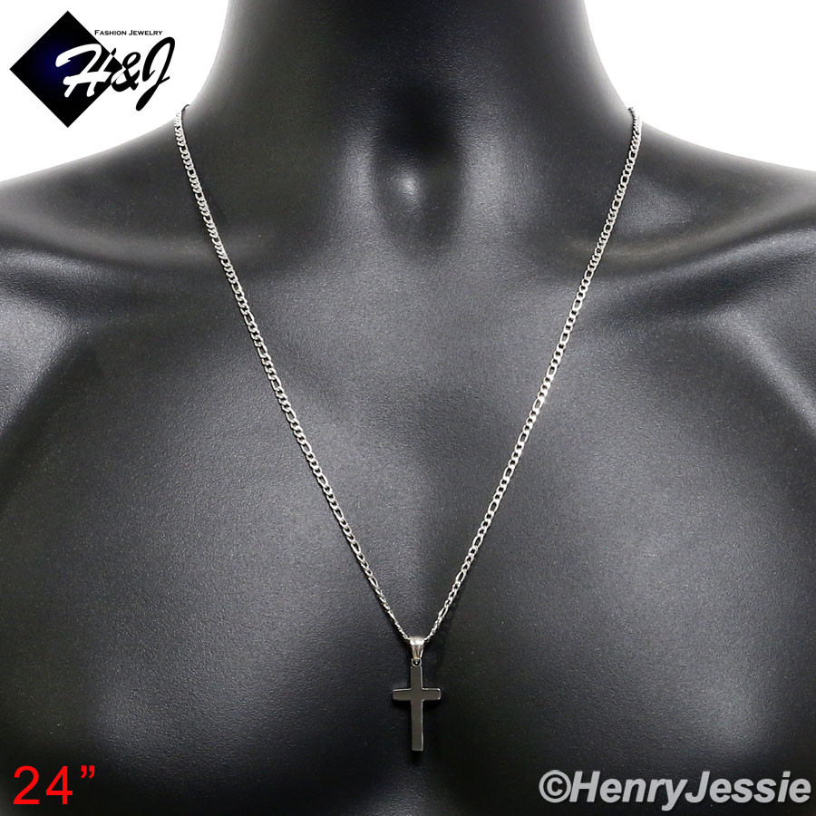 24″MEN Stainless Steel 2mm Silver Figaro Chain Necklace Small Cross Pendant*P67