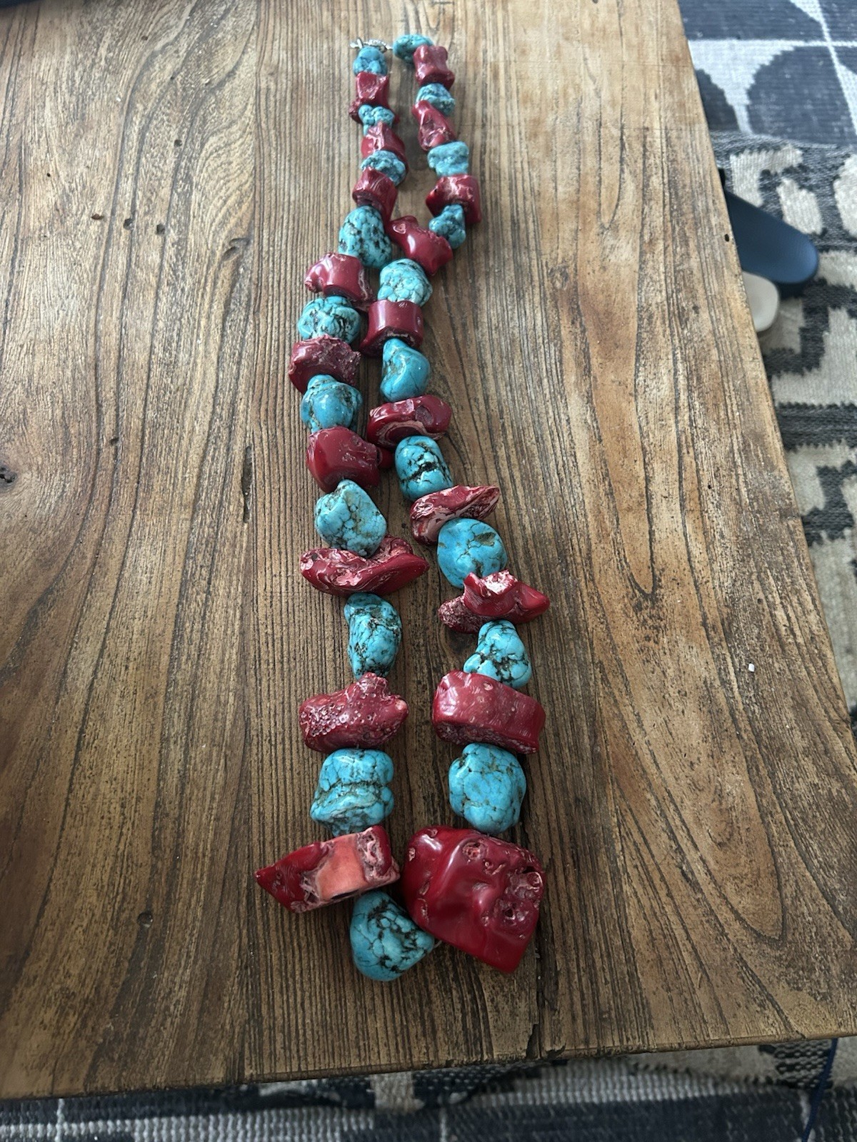 Turquoise & Coral Nugget Stone Beaded Statement Necklace, Lobster Closure