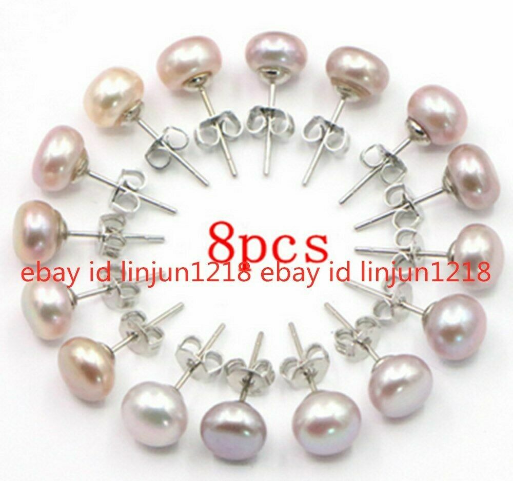 Lot 8 Pair 7-8mm White Pink Purple Black 925 Sterling Silver Stud Pearl Earrings
