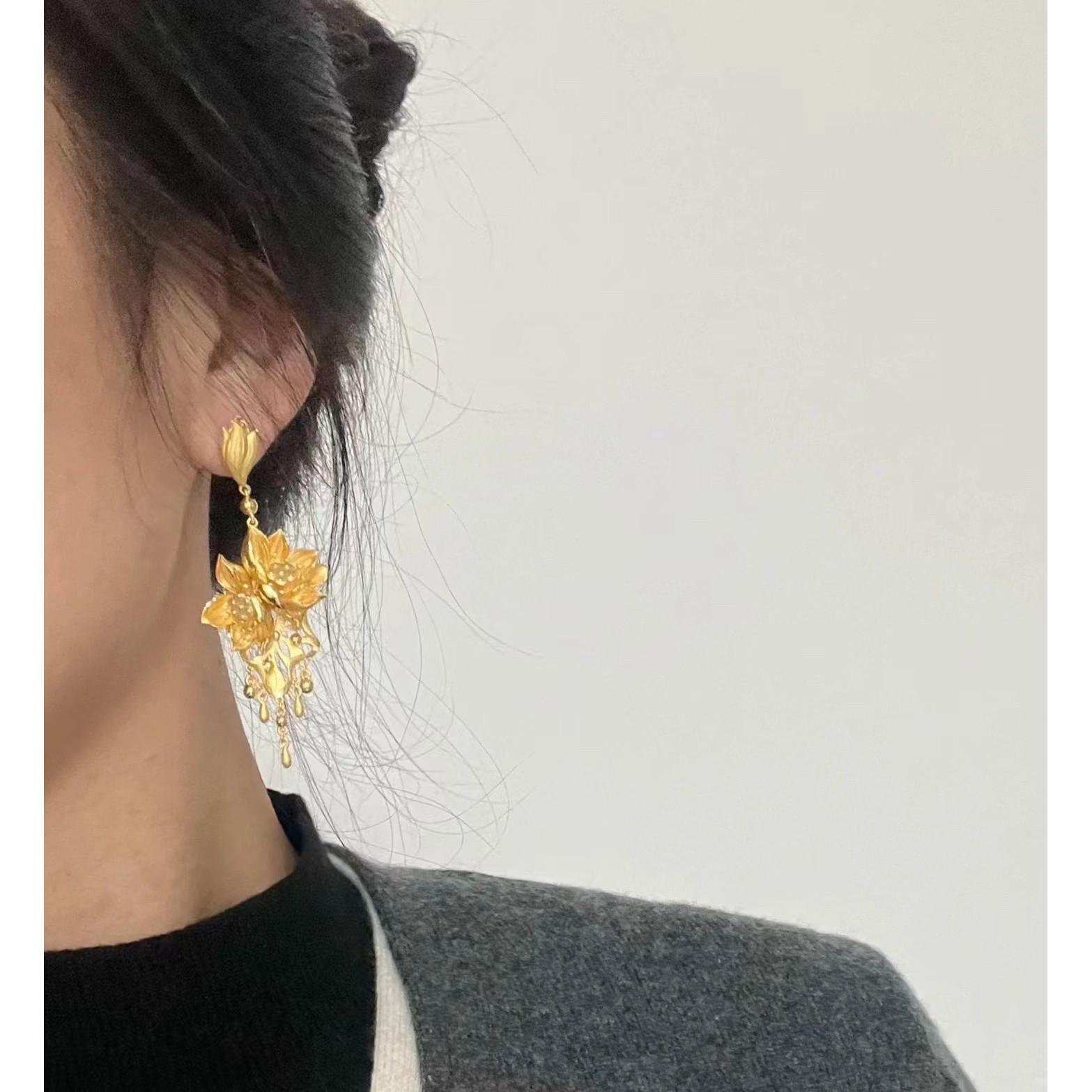 Gold Lotus Tassel Earrings Vintage Chinese Wedding Style Jewelry For Women