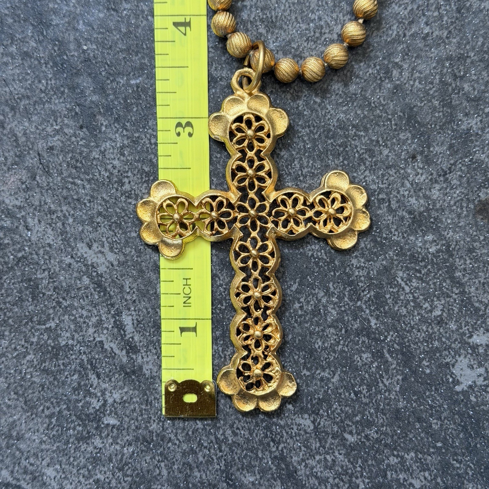 VINTAGE Gold Toned Cross Necklace, Textured Gold Beaded Chain. New with tags.