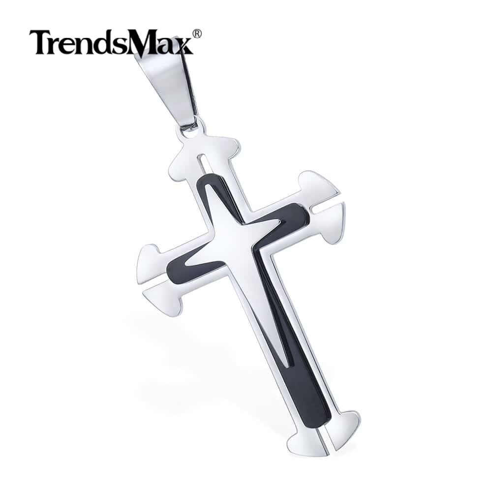 Silver+Black Stainless Steel Layered Cross Pendant Necklace 18″-30″ Cuban Chain