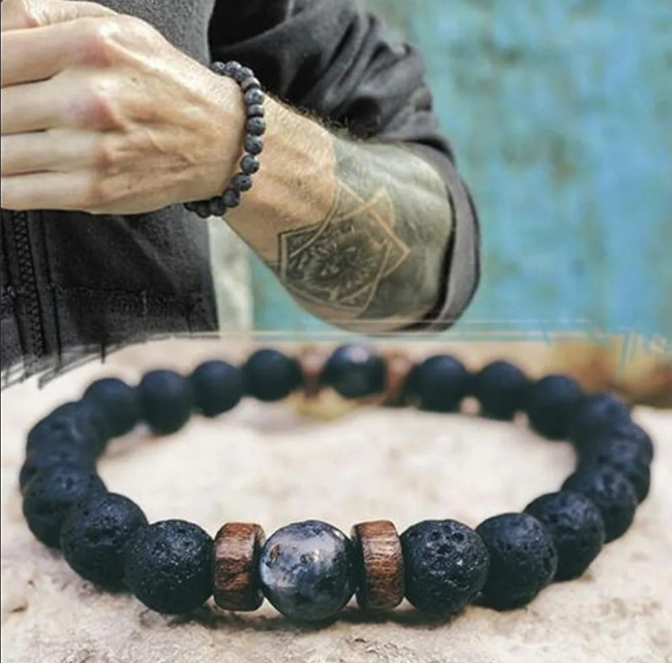 1pc Volcanic Lava Stone Bracelet: Buddha Beads Wooden Energy Wrist Chain – NEW