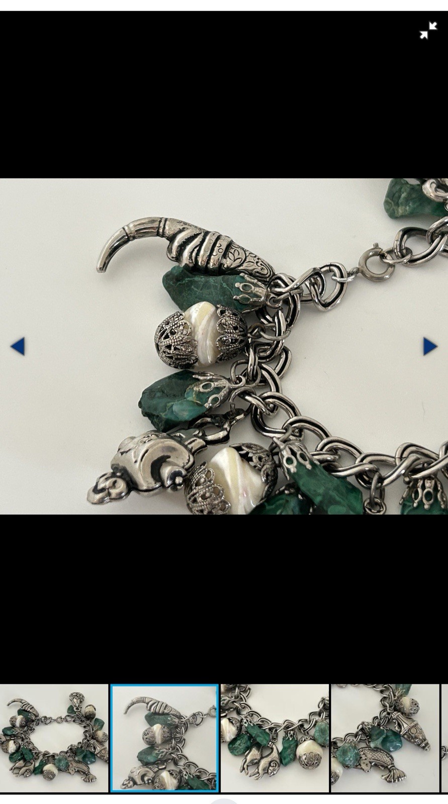 Silver Tone Cable Chain Charm Bracelet Lobster Clasp Green Stone Animal