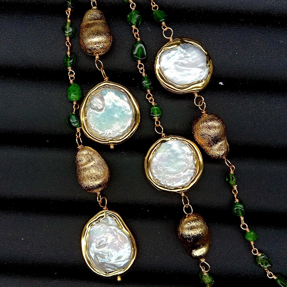 Natural Green Diopside Cultured White Coin Pearl Long Necklace 41″