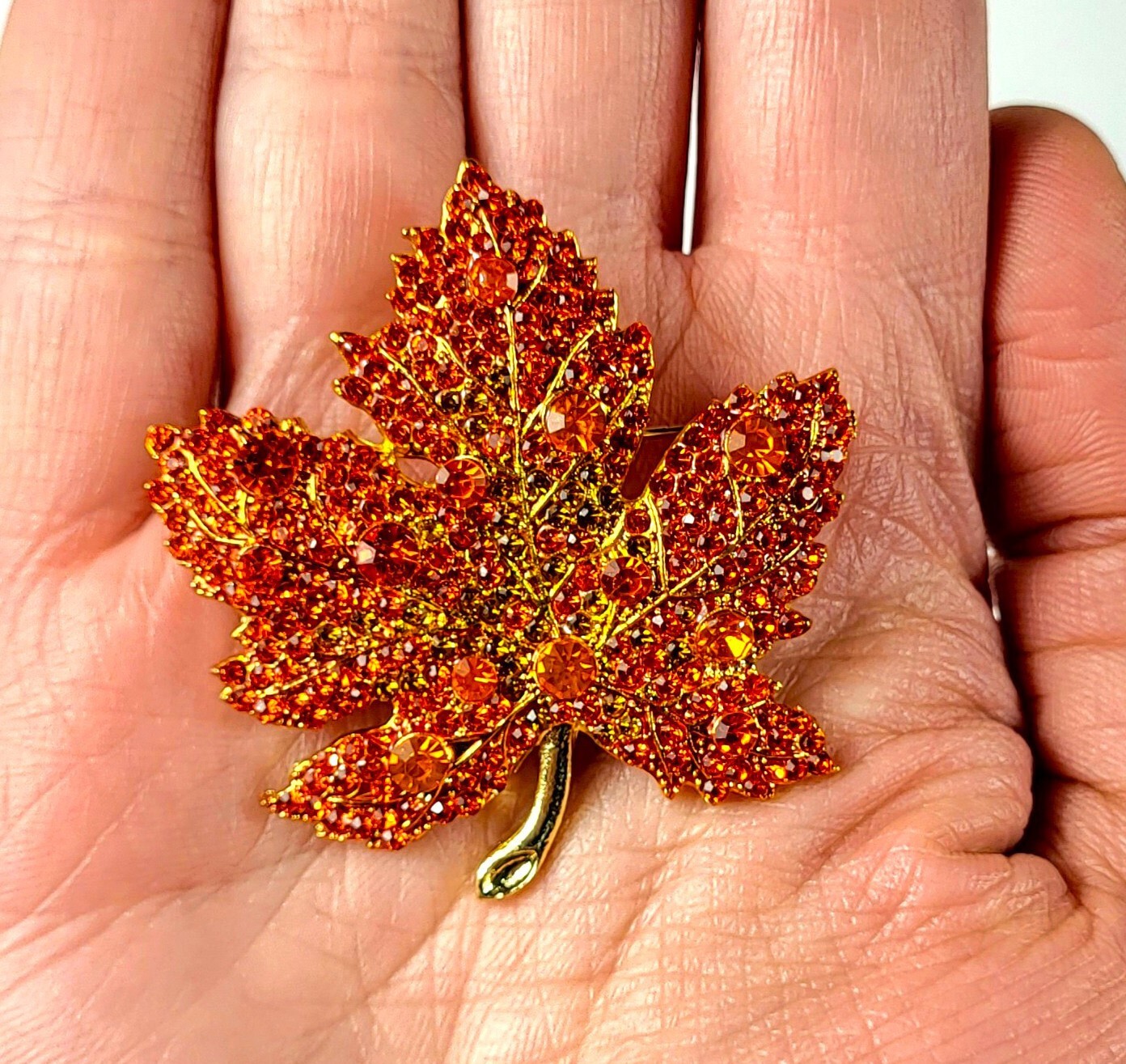 48mm Red Orange Rhinestone Maple Leaf Brooch Fashion Lapel Pin Badge + Gift Box