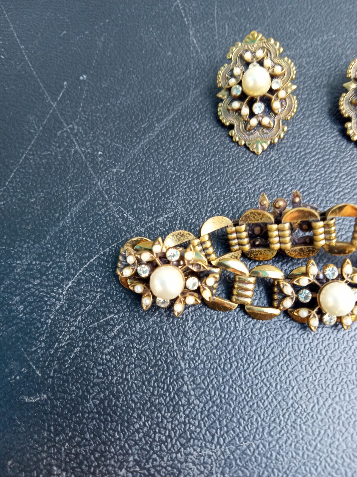 Gold Pear Diamond beaded Bracelet and Matching dangle clip on earrings ~ TRL7#47