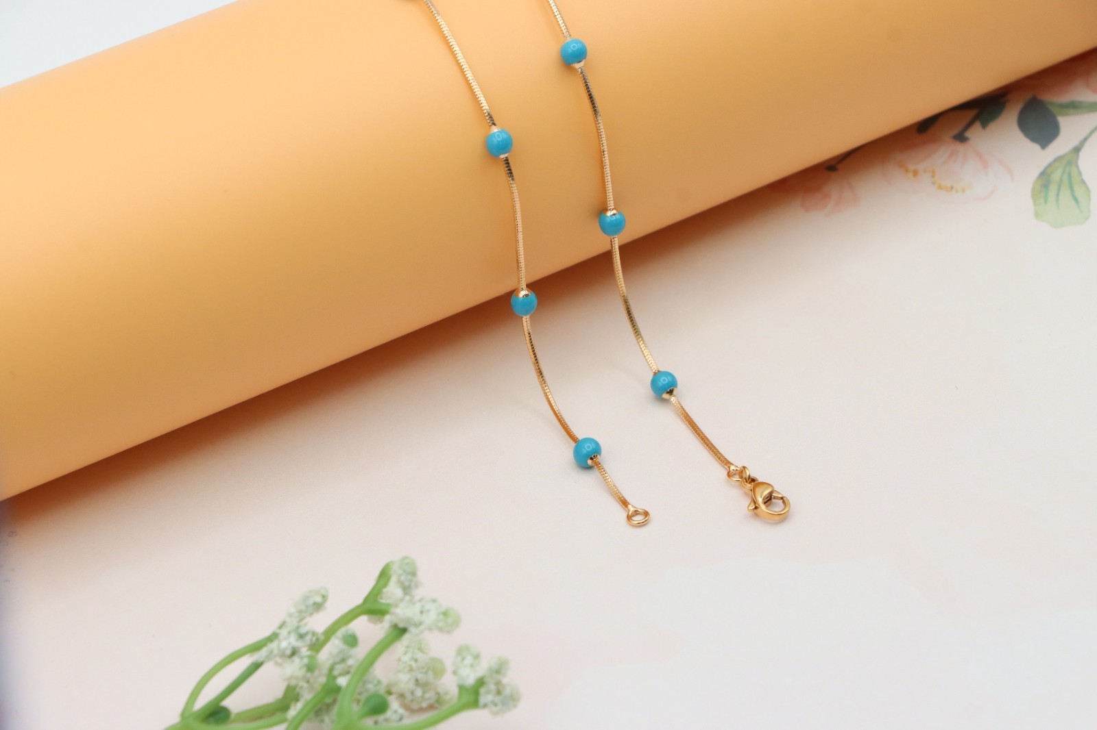 Rose Gold Chain Necklace with Blue Beads Elegant Style, XPNL0256