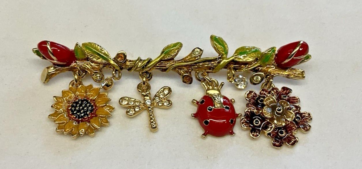 Broch Pin St John Enamel Sunflower Dragonfly Ladybug Rose Branch Charm