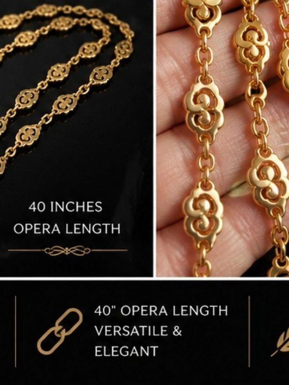 Vintage Crown Trifari Gold Tone Opera Length Necklace Heavy Scroll Link Chain