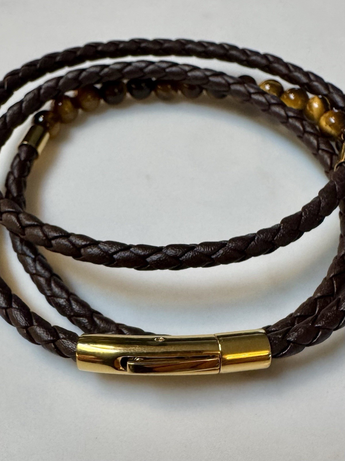 Shane Co. Men’s 8.5” Tiger Eye Leather Wrap Bracelet
