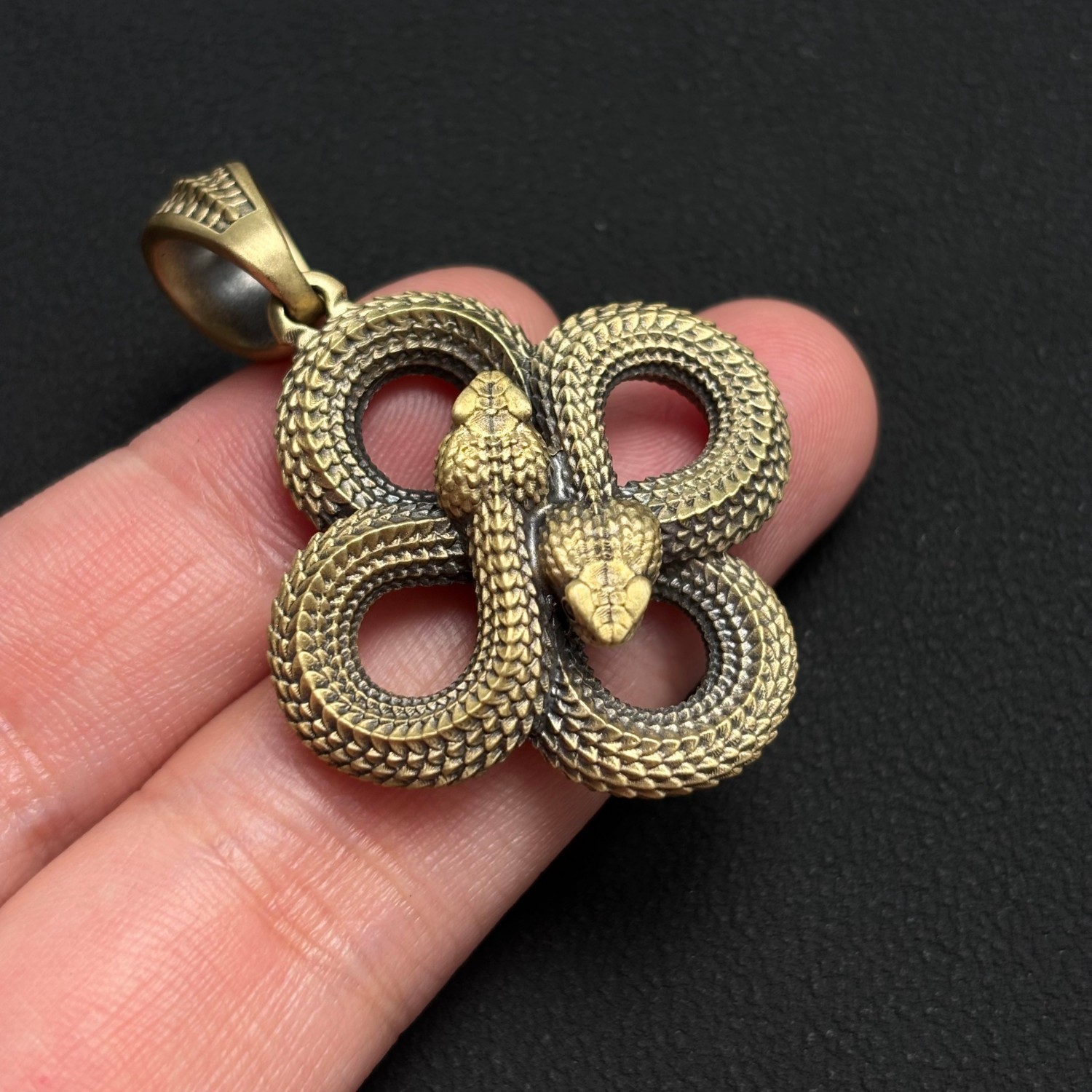 Brass Double Snake Pendant Infinity Design Black Zircon Eyes Renewal Symbol