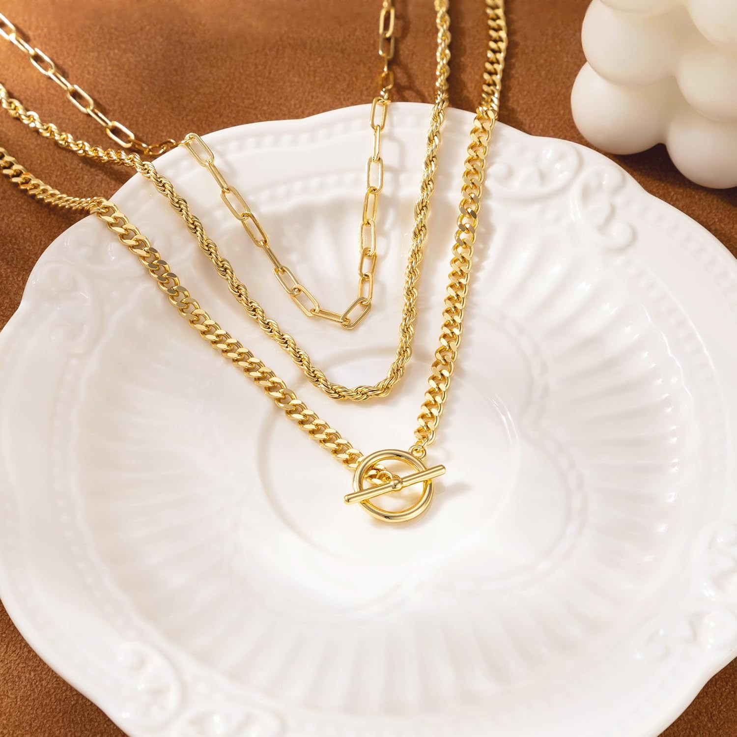 Layered Necklaces for Women – 14K Gold Plated Stack Necklace Paperclip Rope Cuba