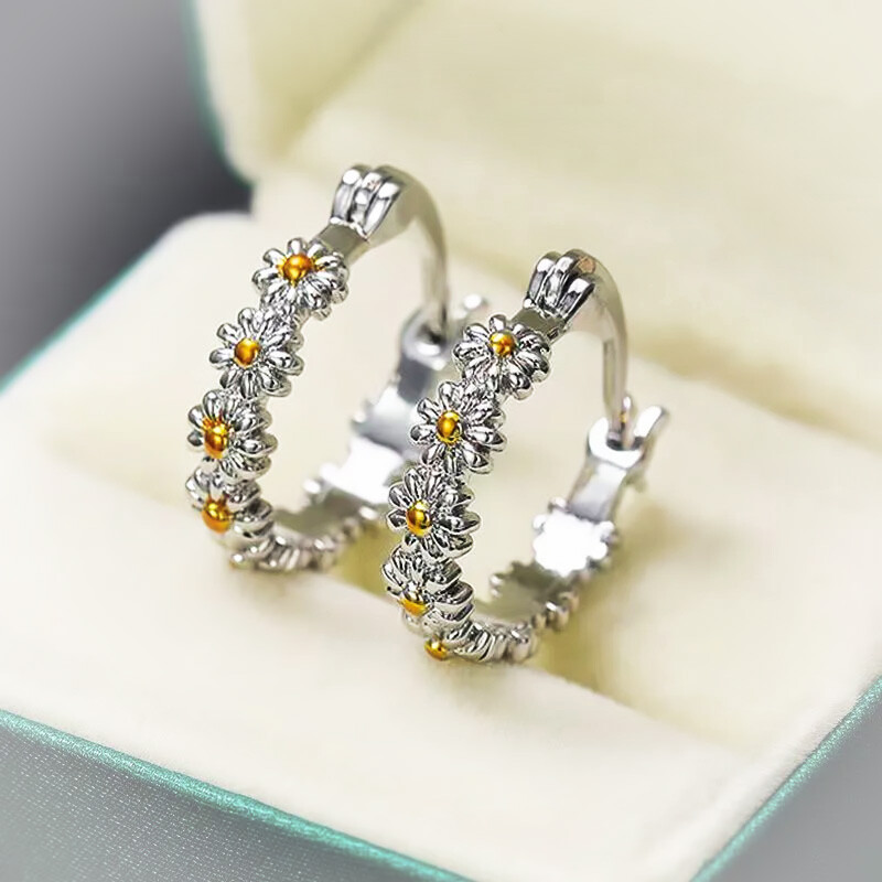 Womens Flower Sterling Silver 925 Gold Hoop Earrings Beauty Fashion Jewelry