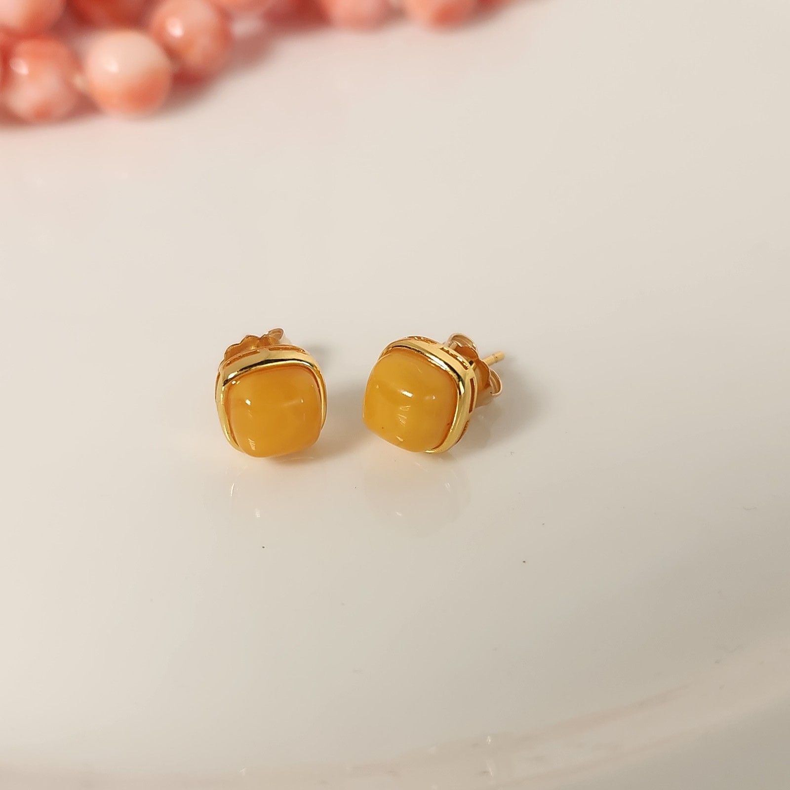 Natural Baltic Egg Yolk Amber Square 8.5mm Stud Earrings Yellow GoldPlate Silver