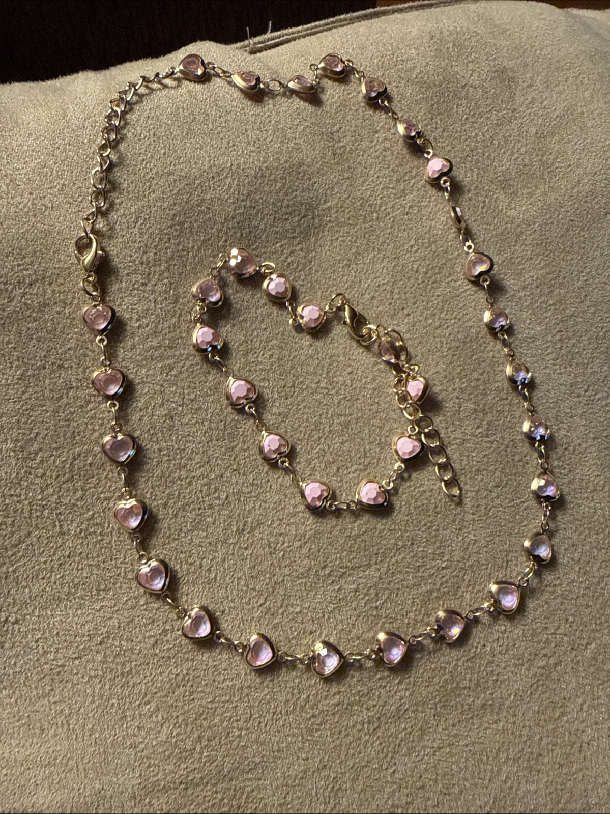 2 Piece Pink Colored Gold Heart Themed Copper Necklace And Bracelet Set