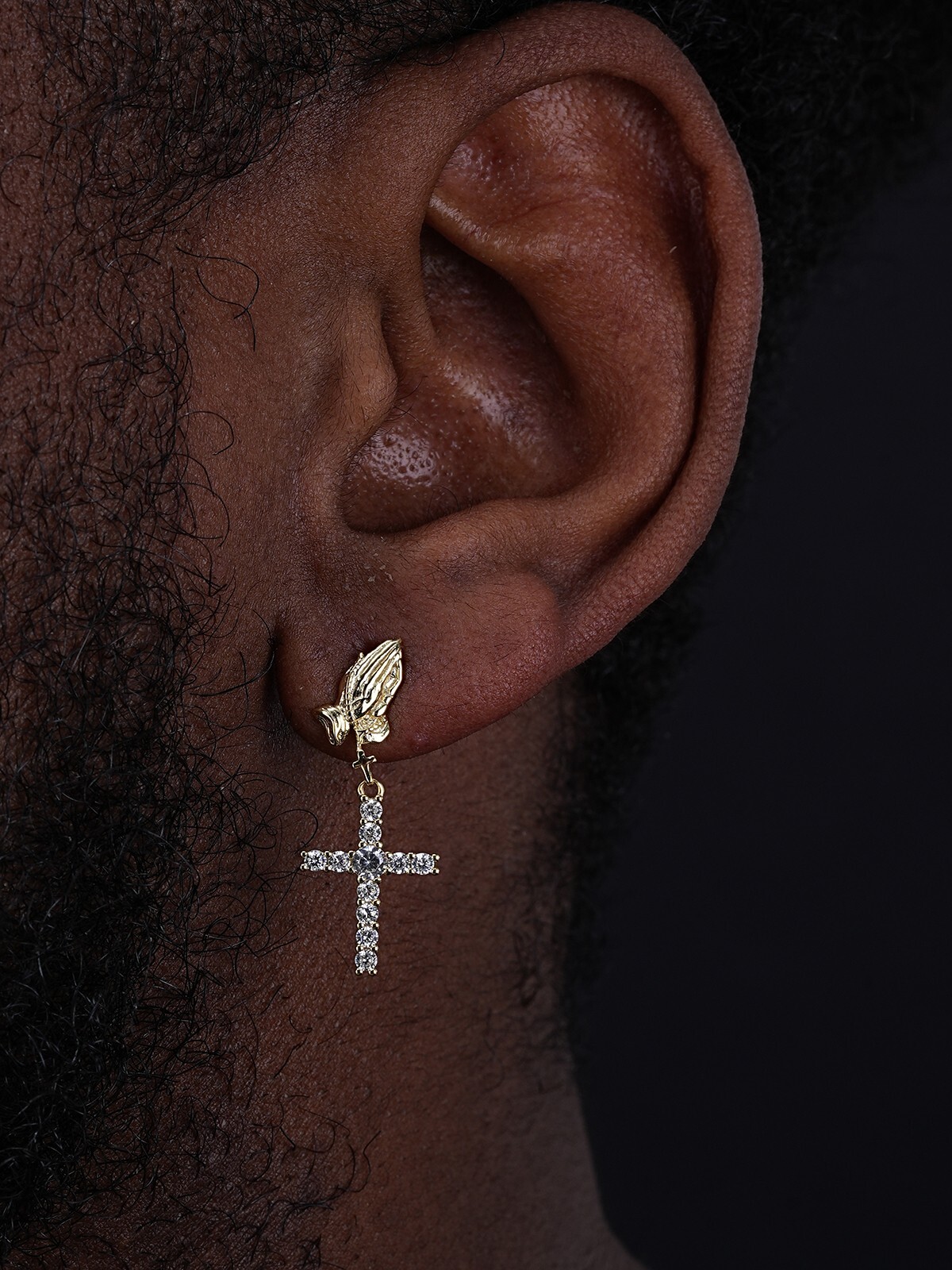 14k Gold Plated Real 925 Sterling Silver Praying Hands Cross Dangle Earrings
