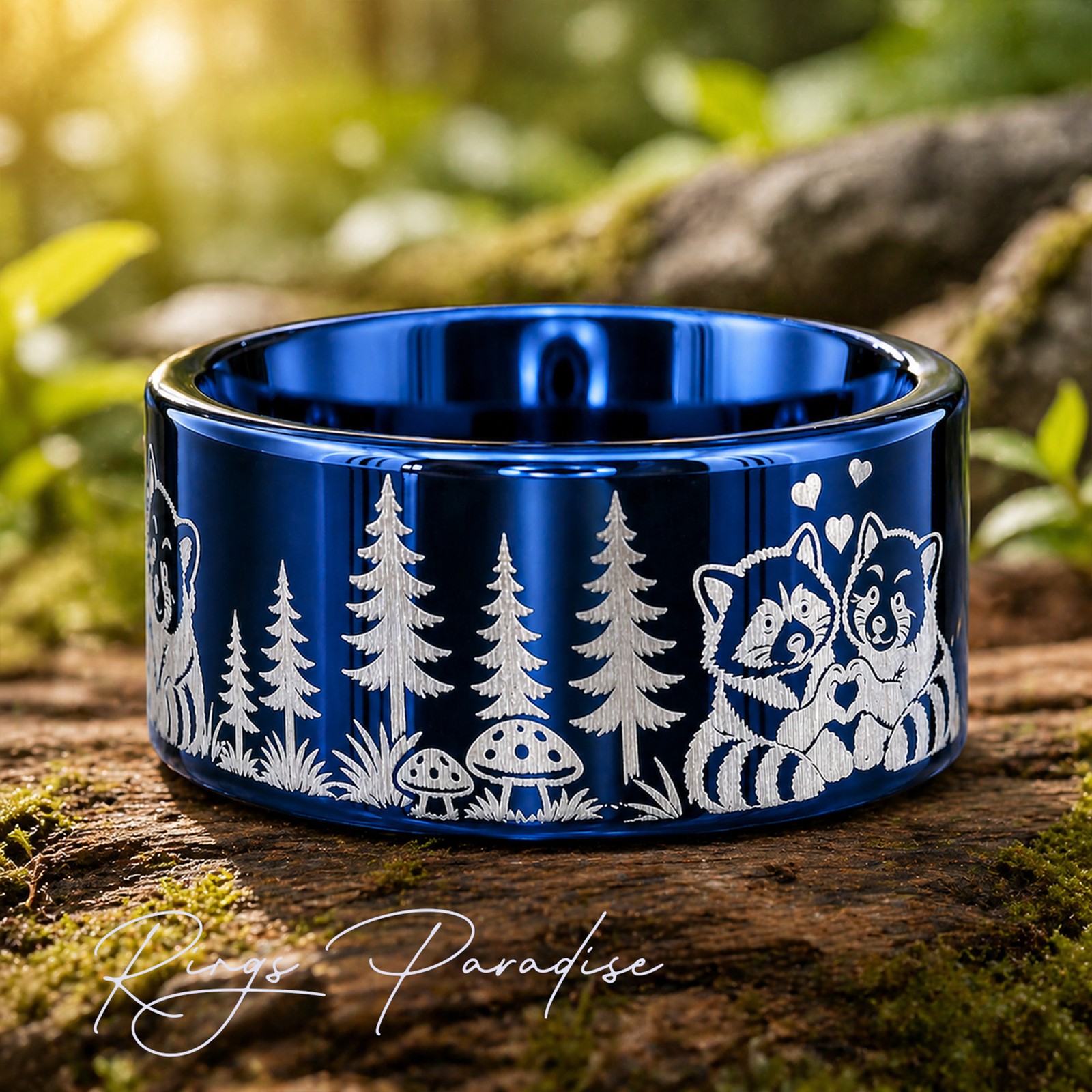 Raccoon and Red Panda Engraved Ring – Forest Animal Design – 8mm, 10mm,12mm
