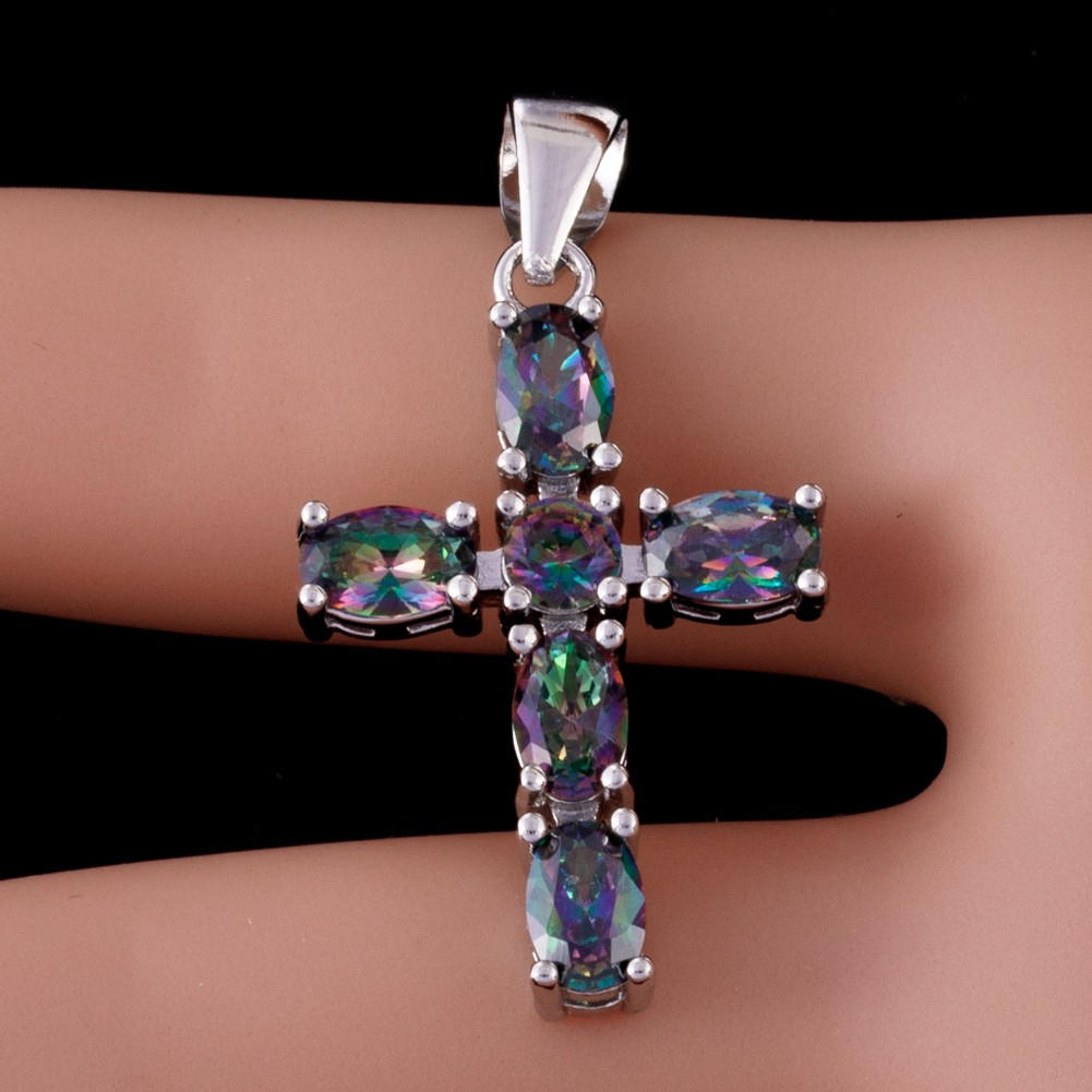 Latin Cross 4×6 Oval Rainbow Mystic Topaz Silver Jewelry Necklace Pendant