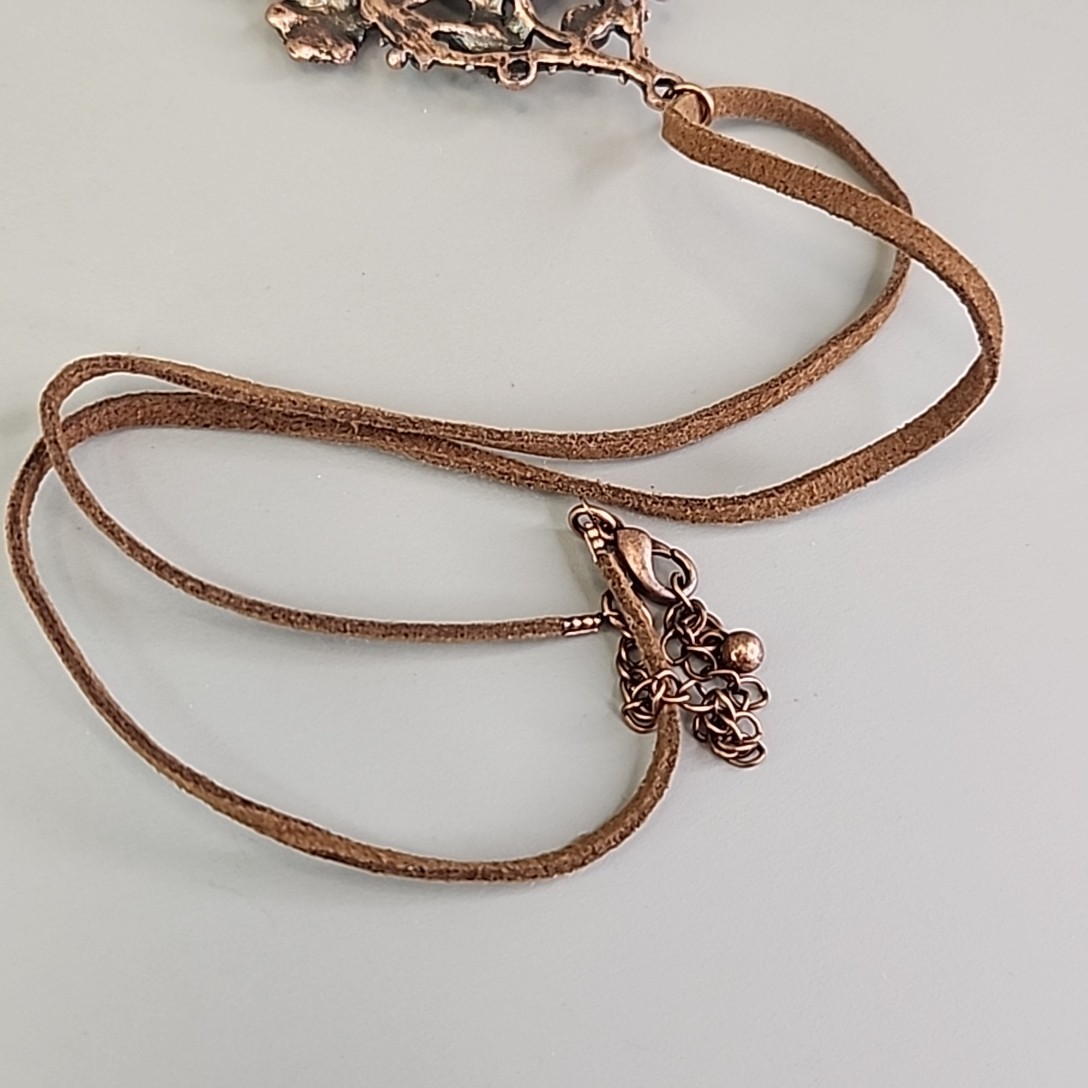 Art Nouveau Revival Pendant Necklace Speckled Oval Brown Suede Cord 20″