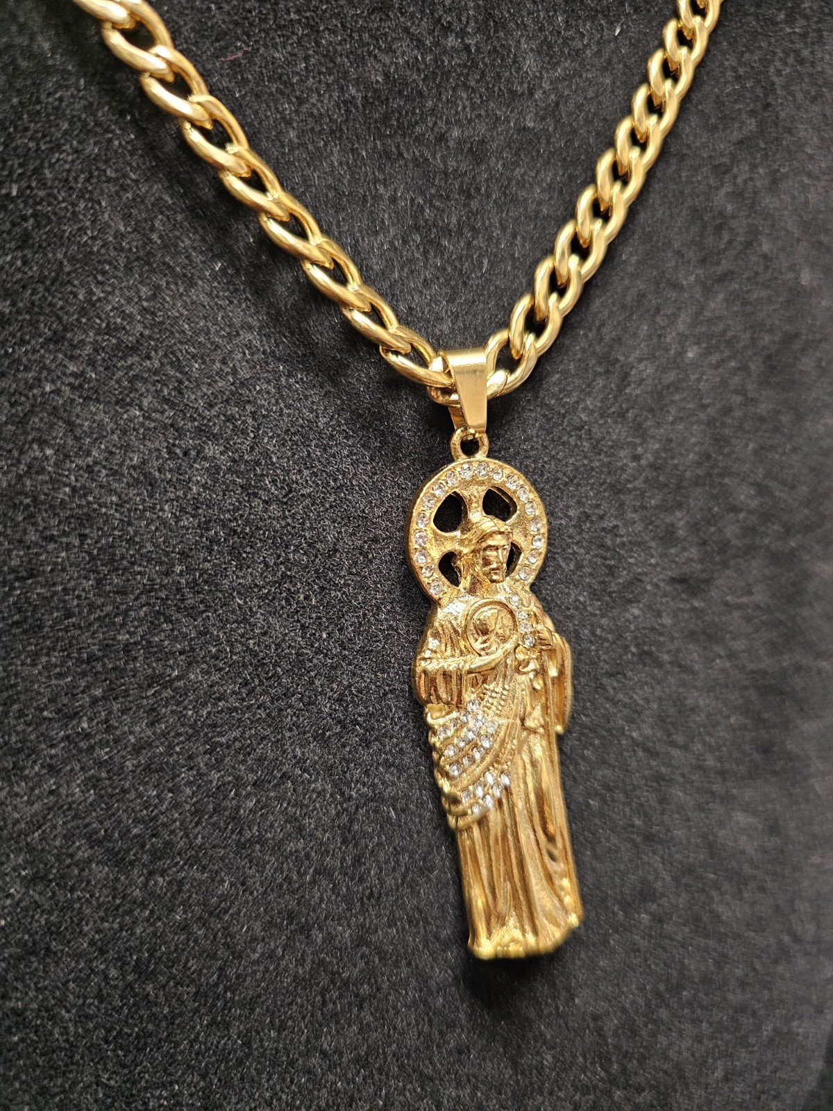 Gold Tone Religious Charm Pendant Necklace 24-inch San Judas.