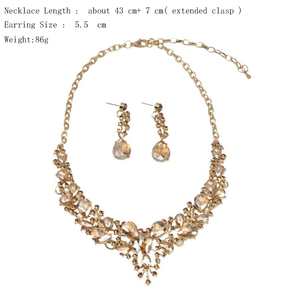 Crystal Gem Necklace Earrings Bridal Jewelry Set Statement Christmas Party Gift
