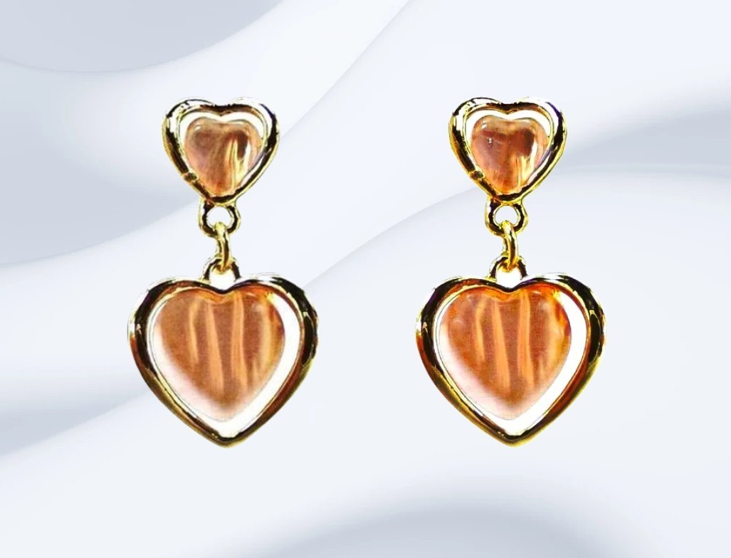 Pink heart earrings with double hearts and pink cat eye stones gold setting NEW