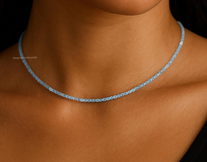 2mm Dainty Aquamarine Choker Blue Stone Queen Necklace Healing Reiki Energy Gift