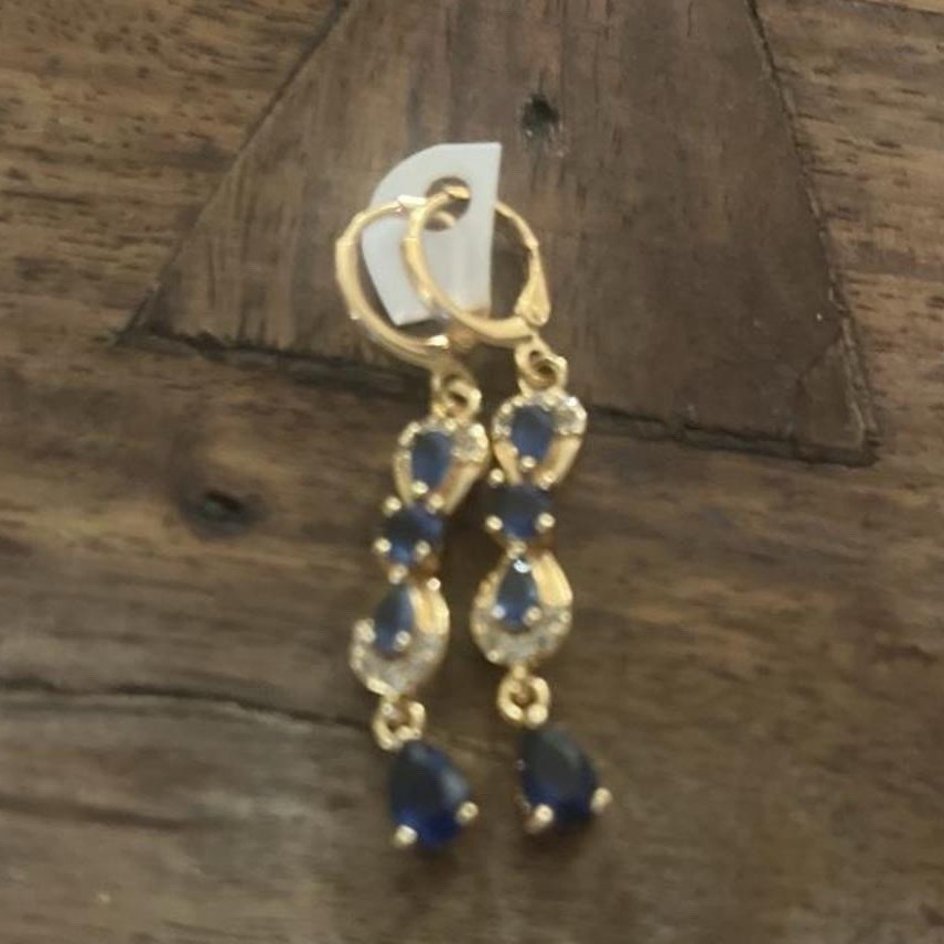 Gold Tone Blue Pear Teardrop Bezel Leverback Dangle Drop Earrings