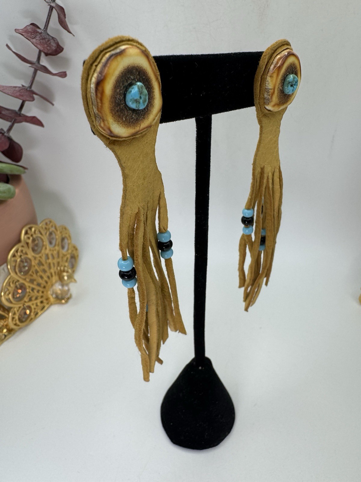 Silver Tone & Beige Leather Tassel Earrings Native Style Whit Turquoise Accents