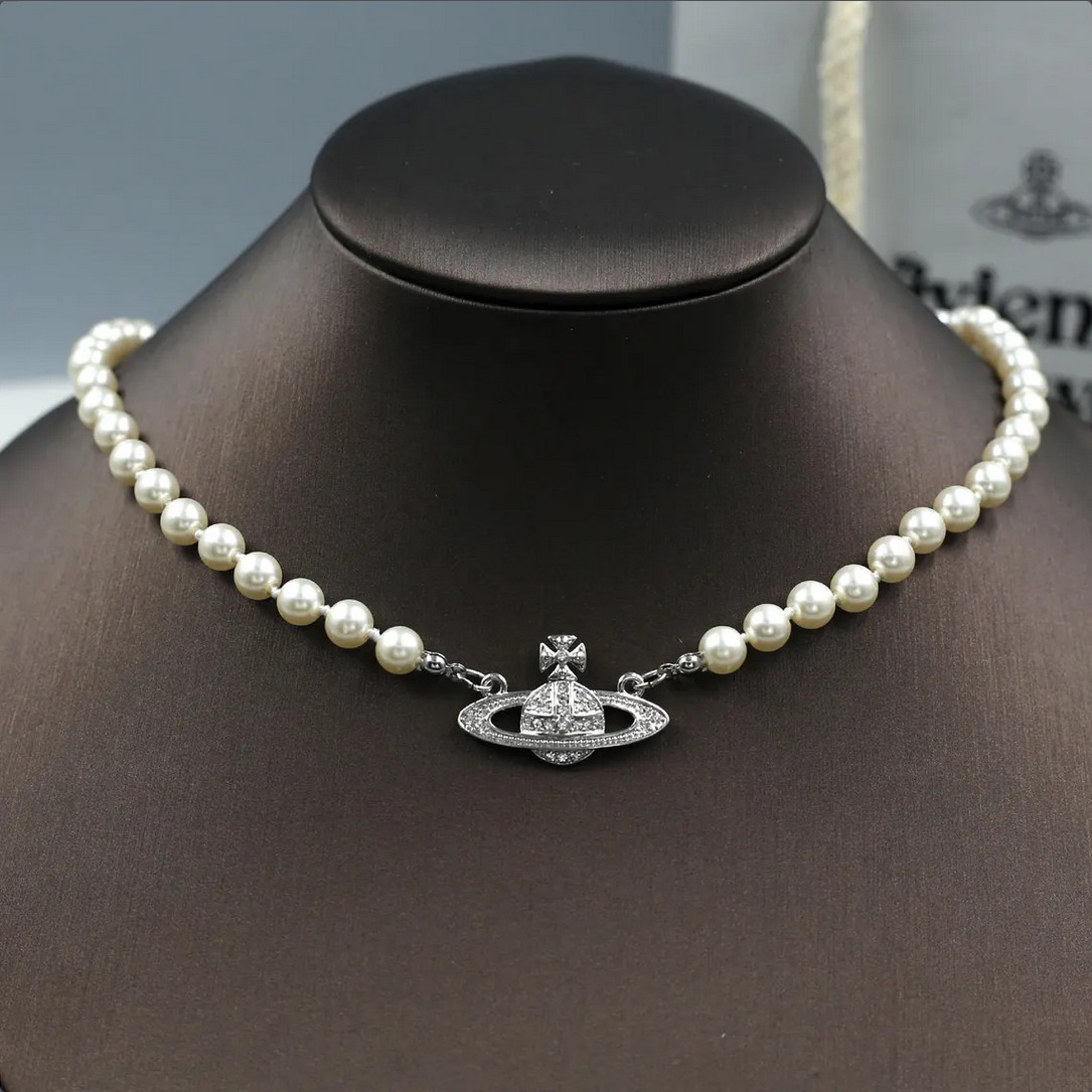 Vivienne Westwood Pearl Necklace – Silver Saturn Pendant with Box