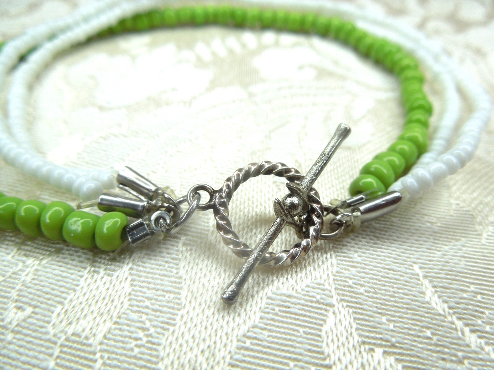 Green White Bracelet Handmade MultiStrand Ceramic Beaded Colorful 9 in Plus Size