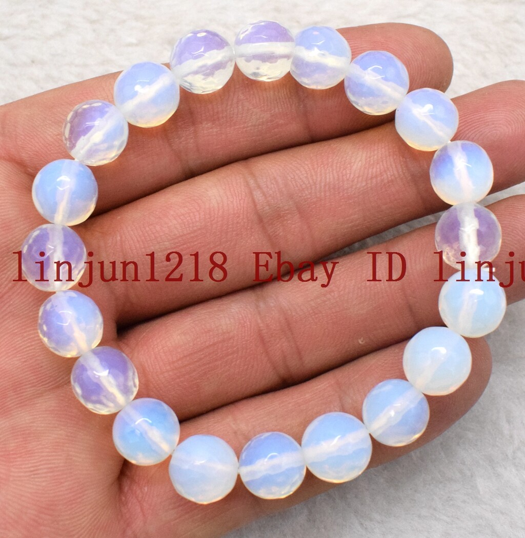 Natural 8mm 10mm 12mm White Faceted Moonstone Round Gemstone Bracelet 7.5”