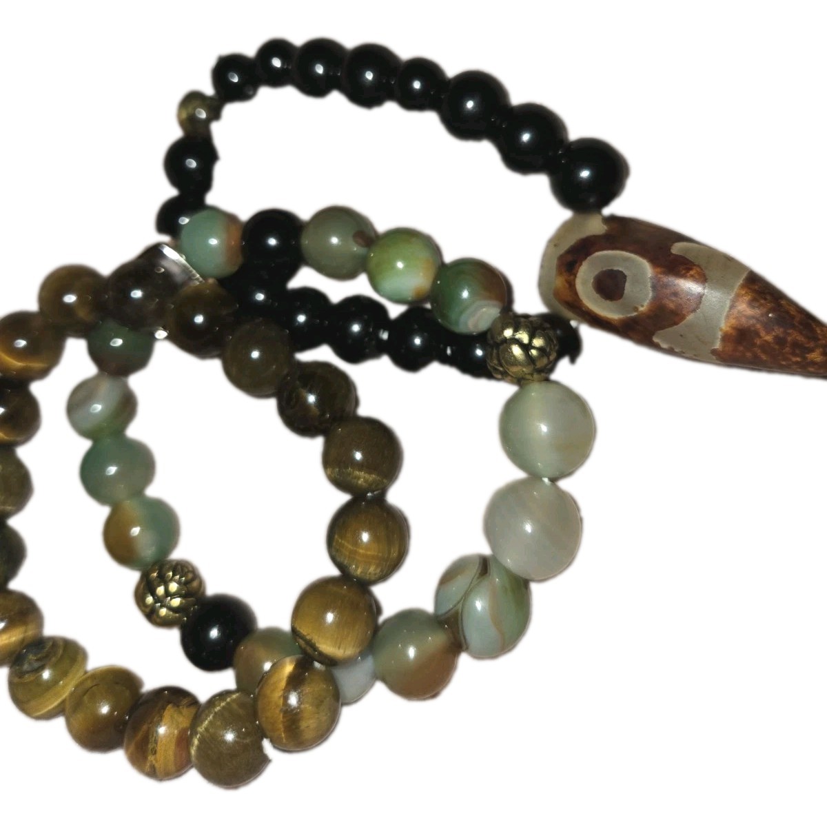 Natural Gemstone Beaded Stretch Bracelets With Dzi Charm(3 Set -Stackable)