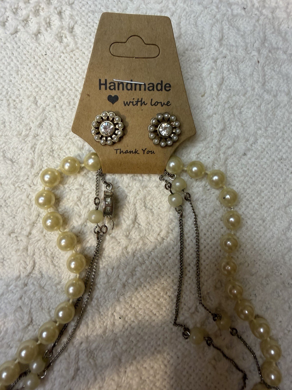 Handmade Faux Pearl Necklace & Crystal Stud Earrings Jewelry Set, Cream/Silver
