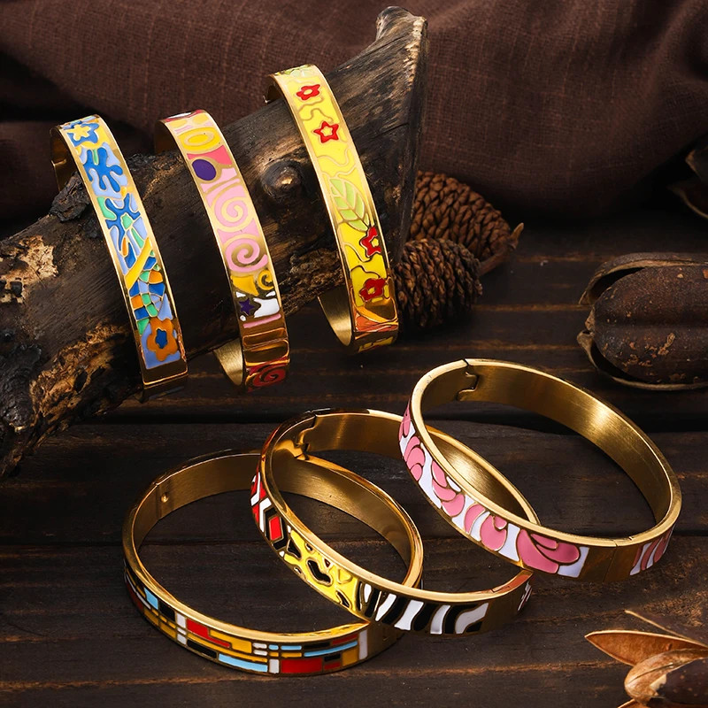Stainless Steel Enamel Cuff Bangle Women Gold Tone Geometric Round Jewelry