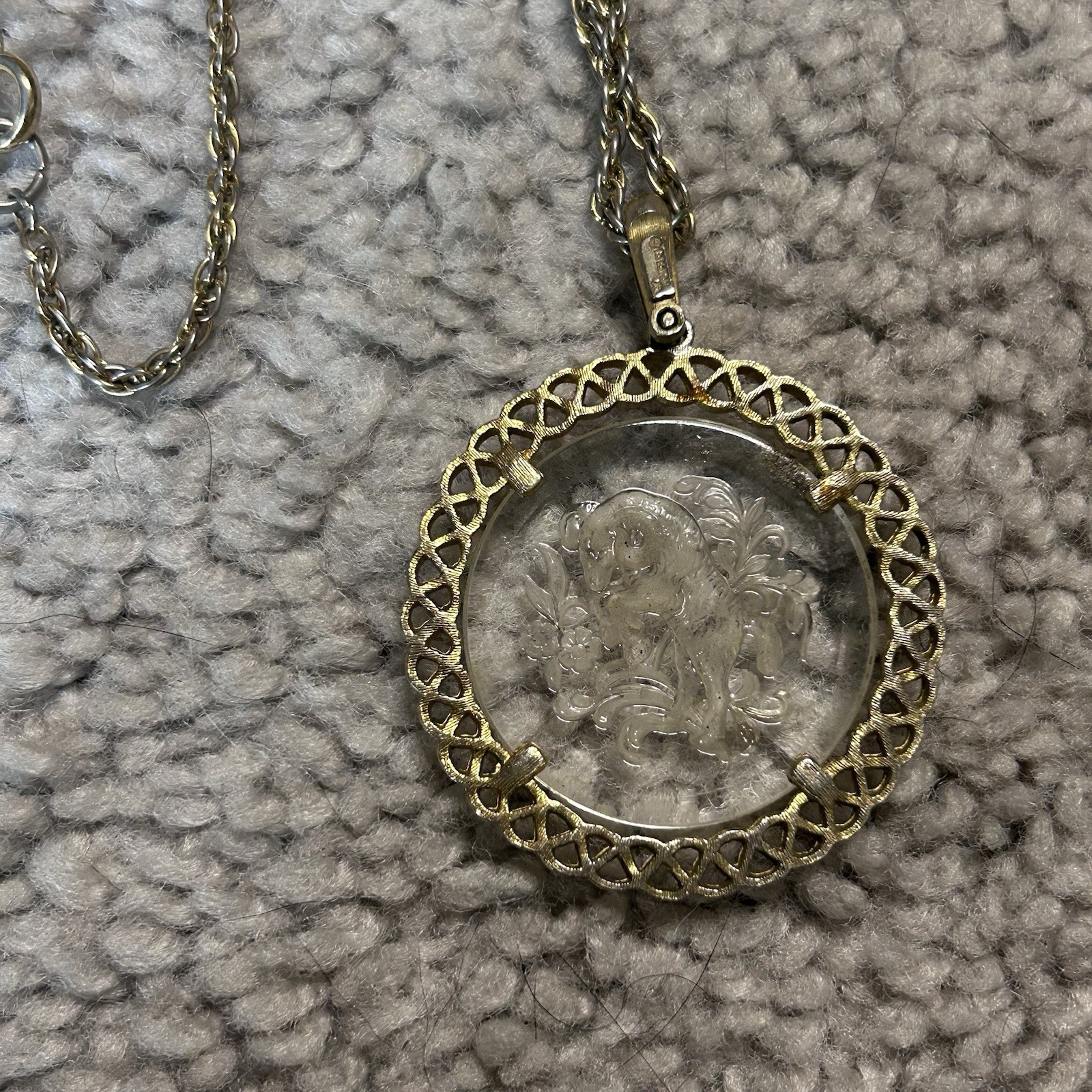 Vintage 1970s Crown Trifari Etched Glass Aries Pendant and Chain