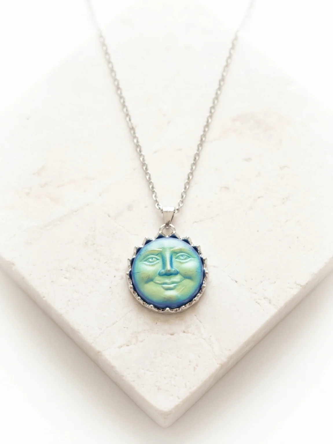 Iridescent Blue Moon Face Pendant Necklace