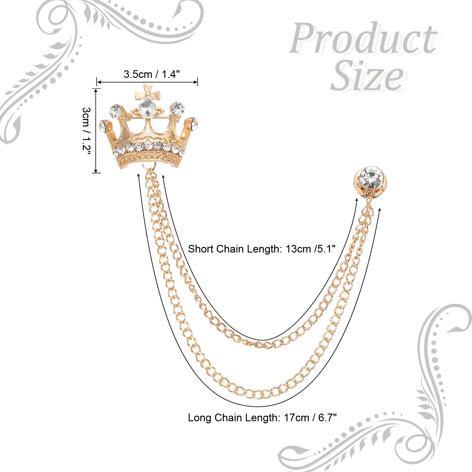 Crown Hanging Chain Brooch Pins Rhinestone Suit Pins Gold Tone White