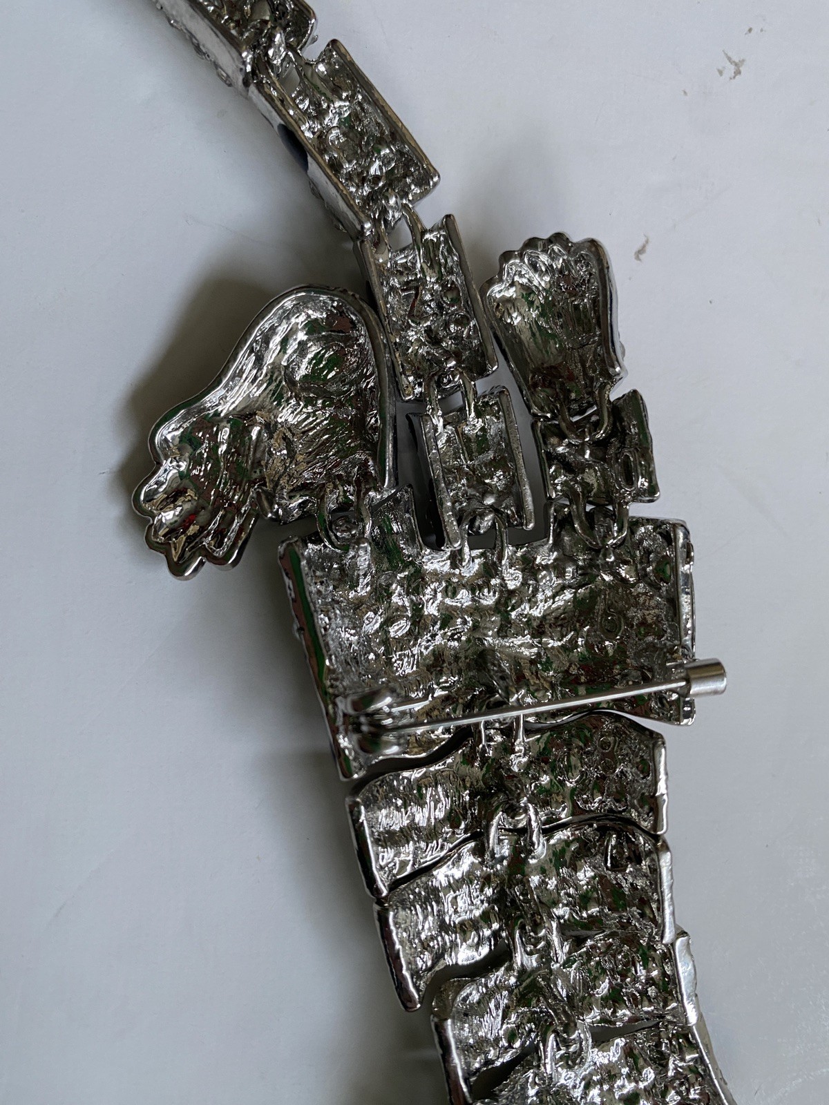 Movable Articulated Silver Tone Crystal Black Enamel Large Tiger Cat Brooch NEW