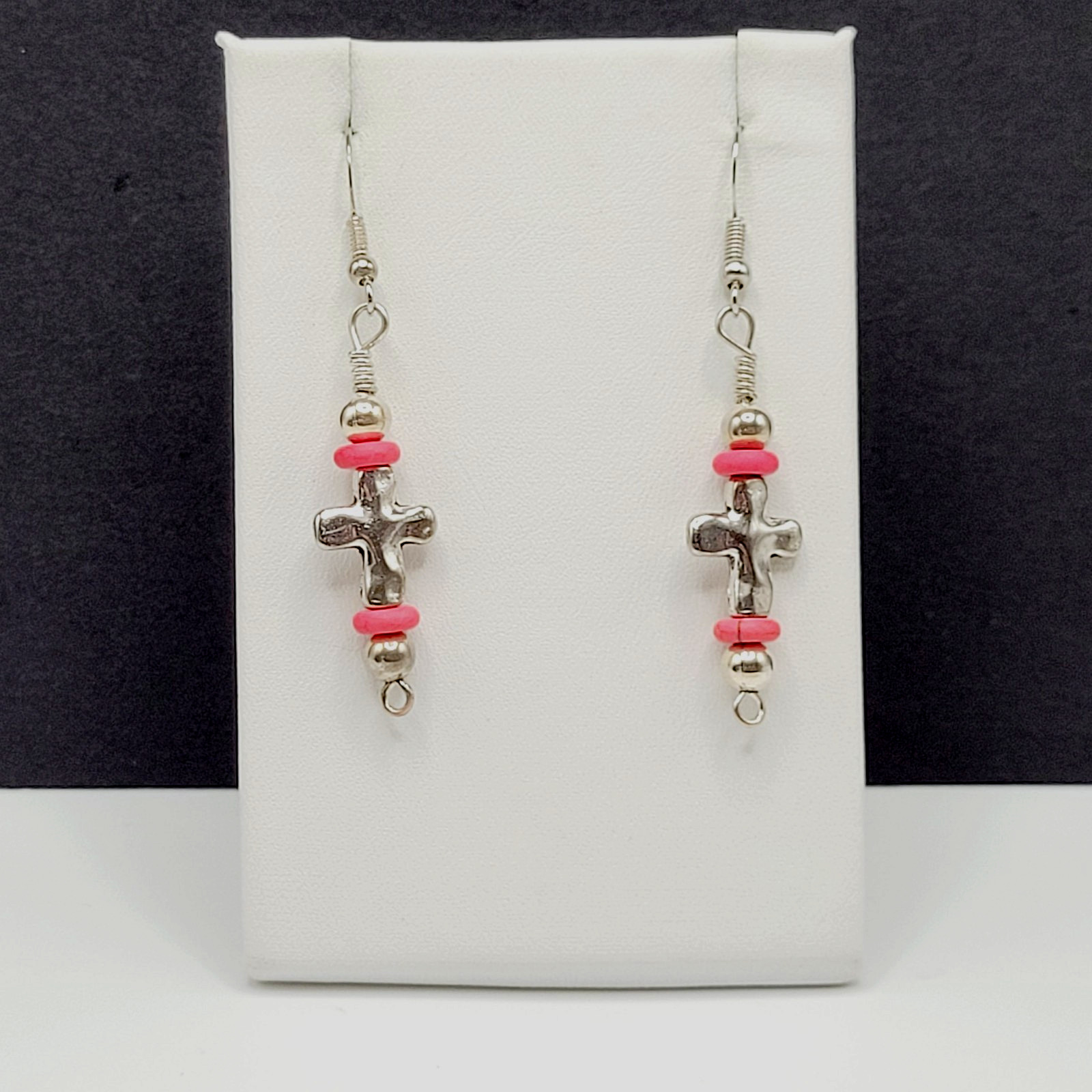 Southwestern Silver Tone Cross w Pink Ceramic Bead Metal Hook Pierced Earrings