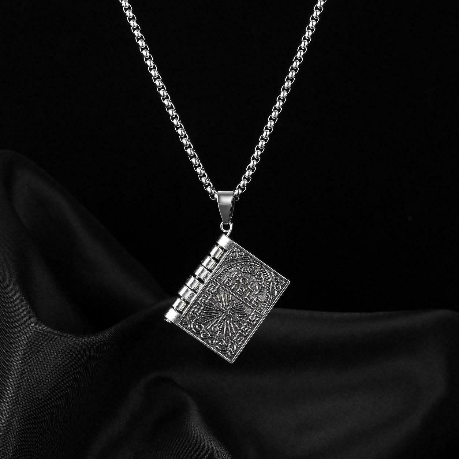 2× Stainless Steel Silver Bible Open Pages Pendant Unisex Necklace Lord’s Prayer